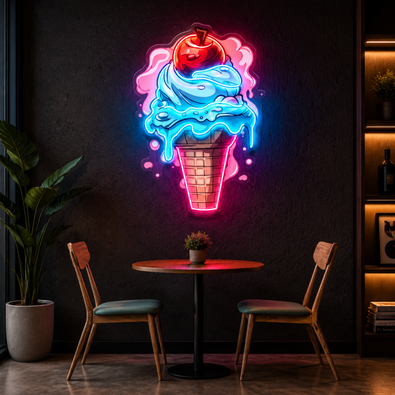 Ice Cream Cone LED Neon Sign – Cherry-Topped Dessert Wall Decor