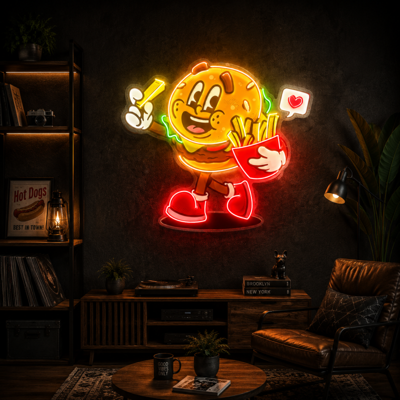 Burger & Fries LED Neon Sign – Cartoon Fast Food Wall Decor