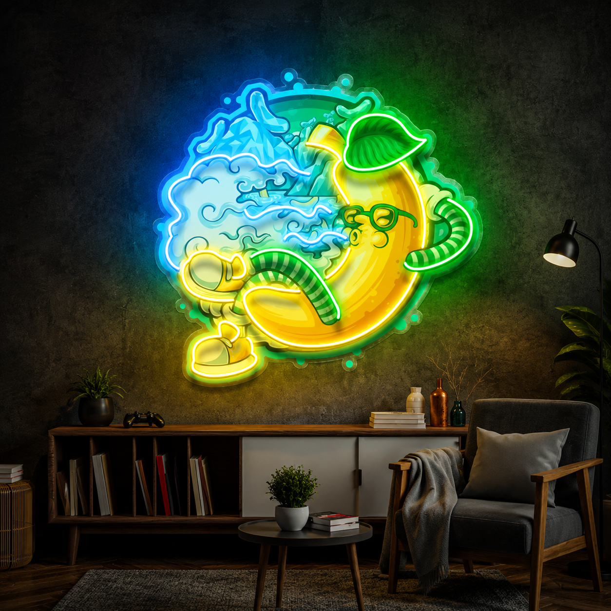 Cartoon Banana Surfing UV Print Neon Wall Art