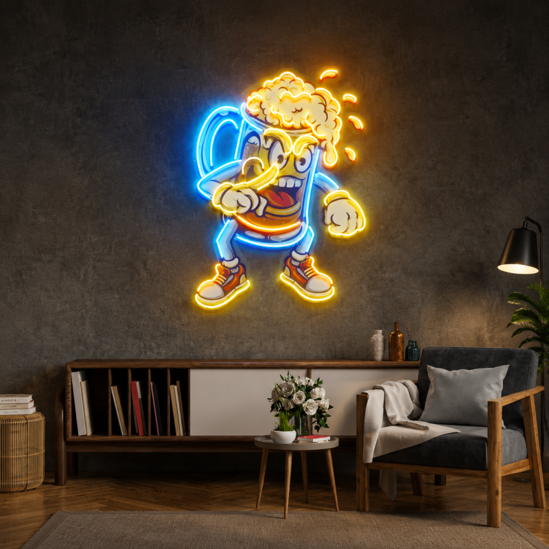 Cartoon Beer Mug Mascot Neon Sign