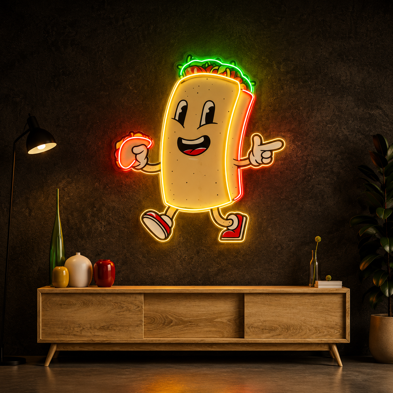 Cartoon Burrito Character UV Print Neon Wall Art