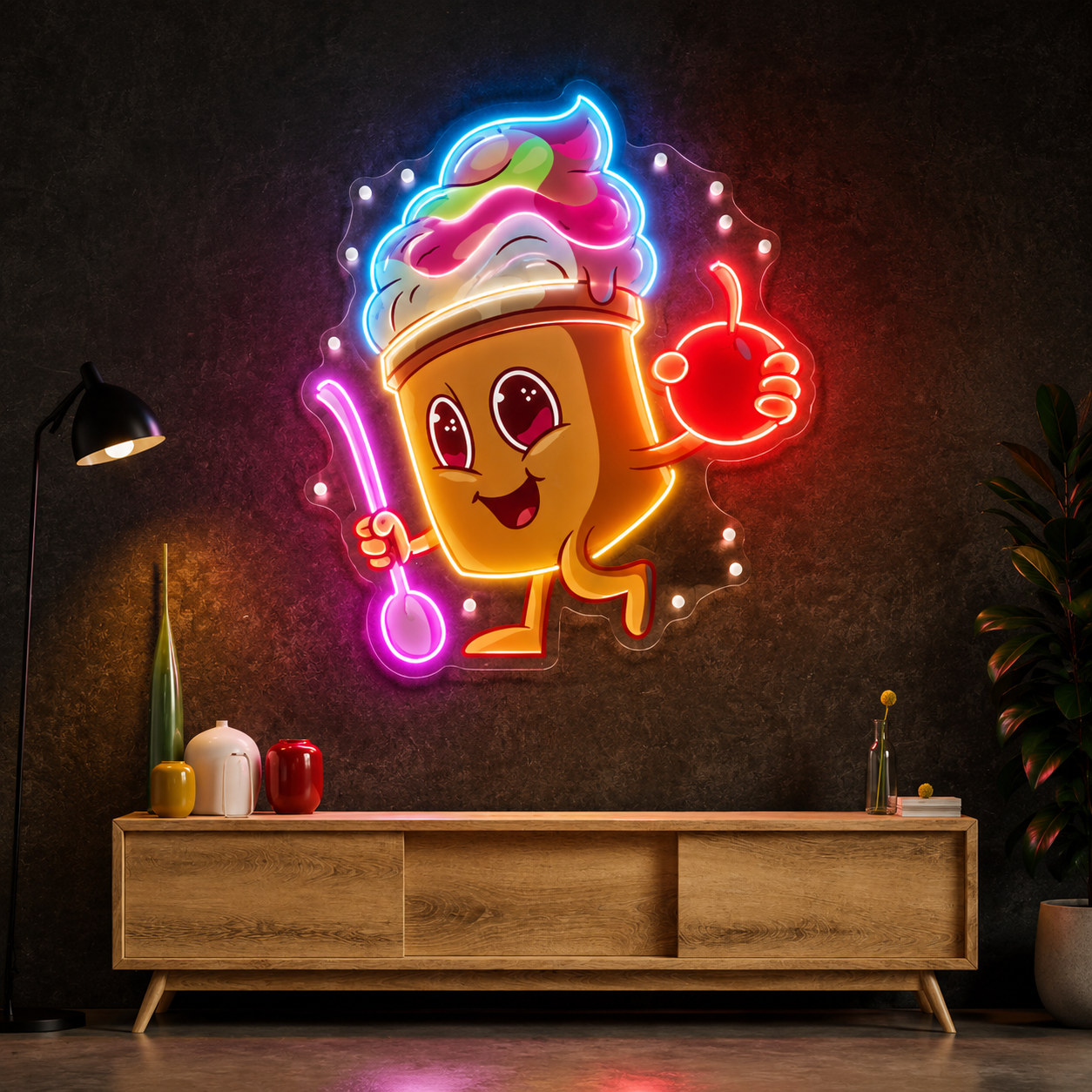 Cartoon Ice Cream Cup Mascot UV Print Neon Wall Art