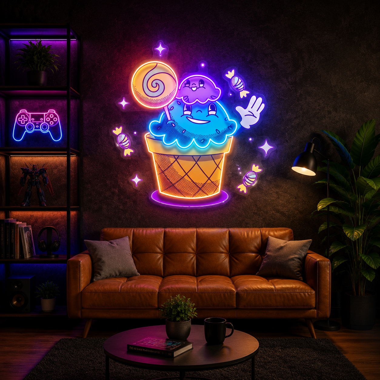 Cartoon Ice Cream Cup With Lollipop UV Print Neon Wall Art