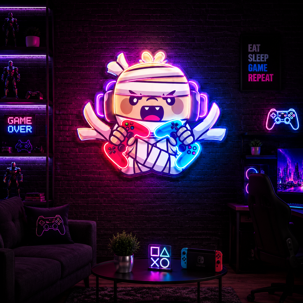Cartoon Mummy Gamer Neon Sign