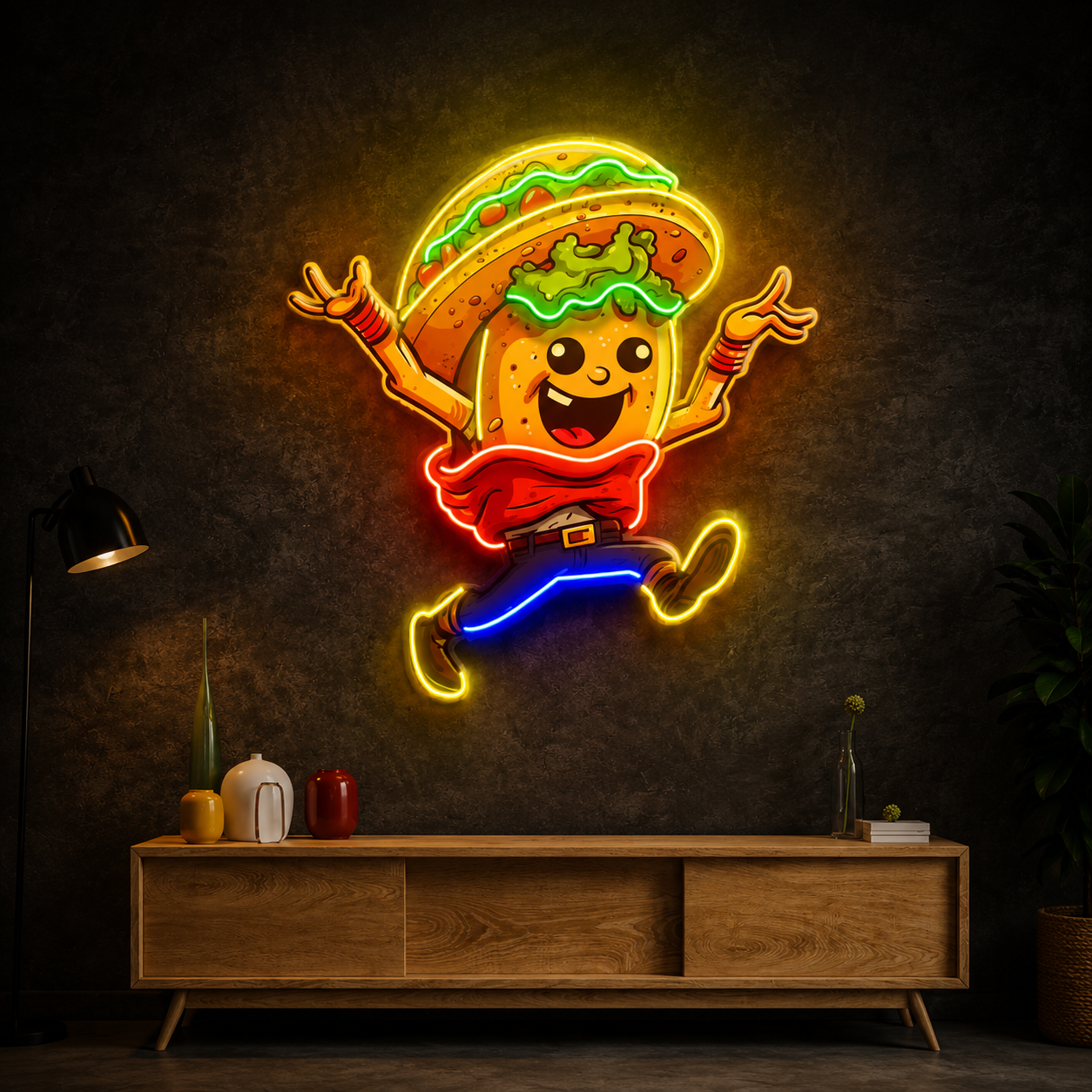 Cartoon Taco Mascot UV Print Neon Wall Art