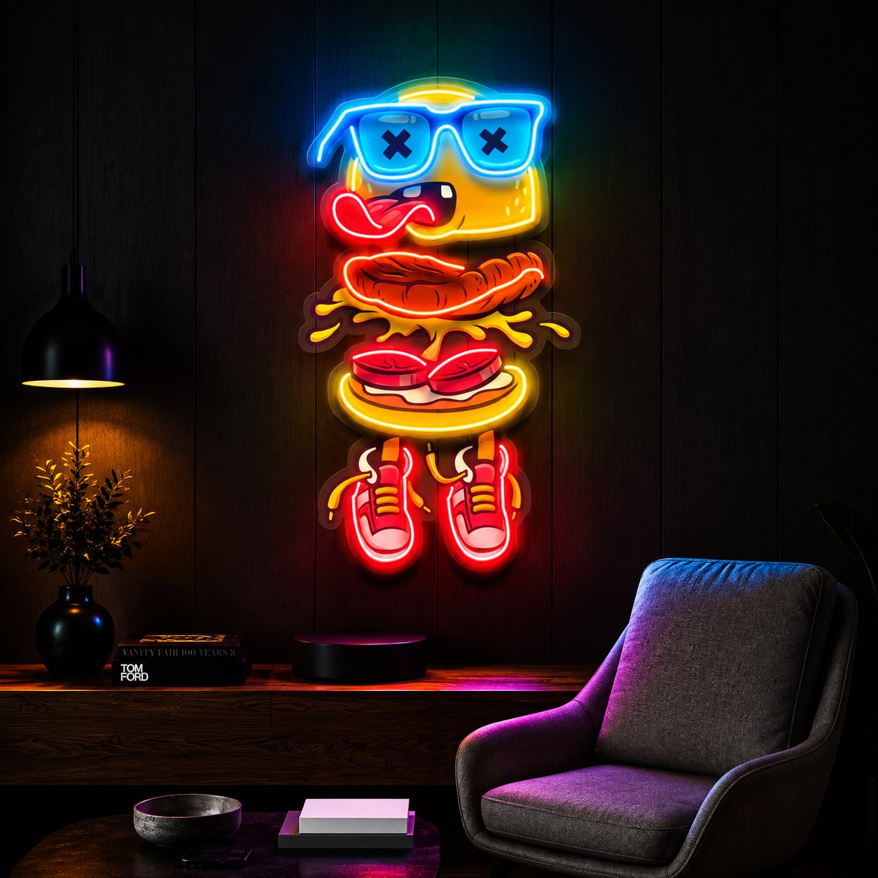 Cool Burger Character Neon Wall Art
