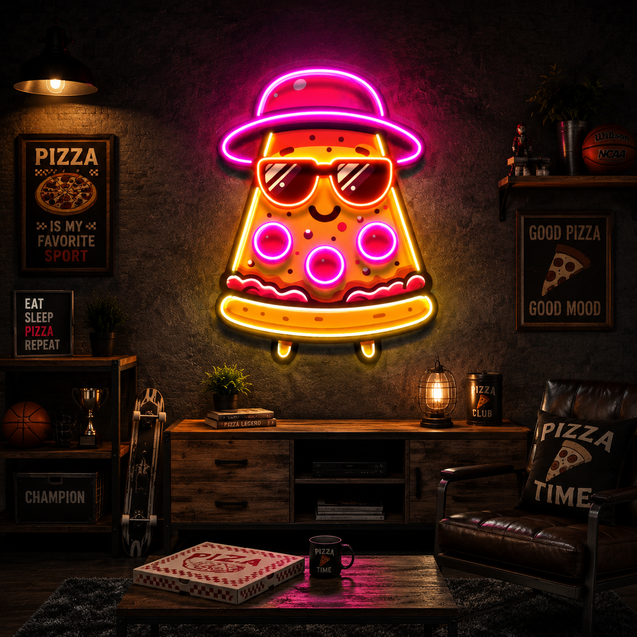 Cool Cartoon Pizza Sloth UV Print Neon Wall Art