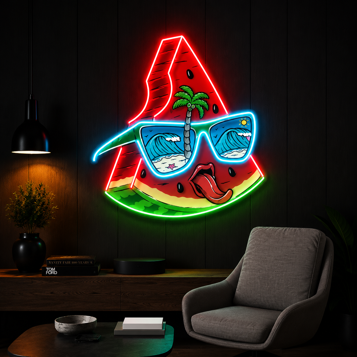 Cool Watermelon With Sunglasses UV Print Neon Wall Art