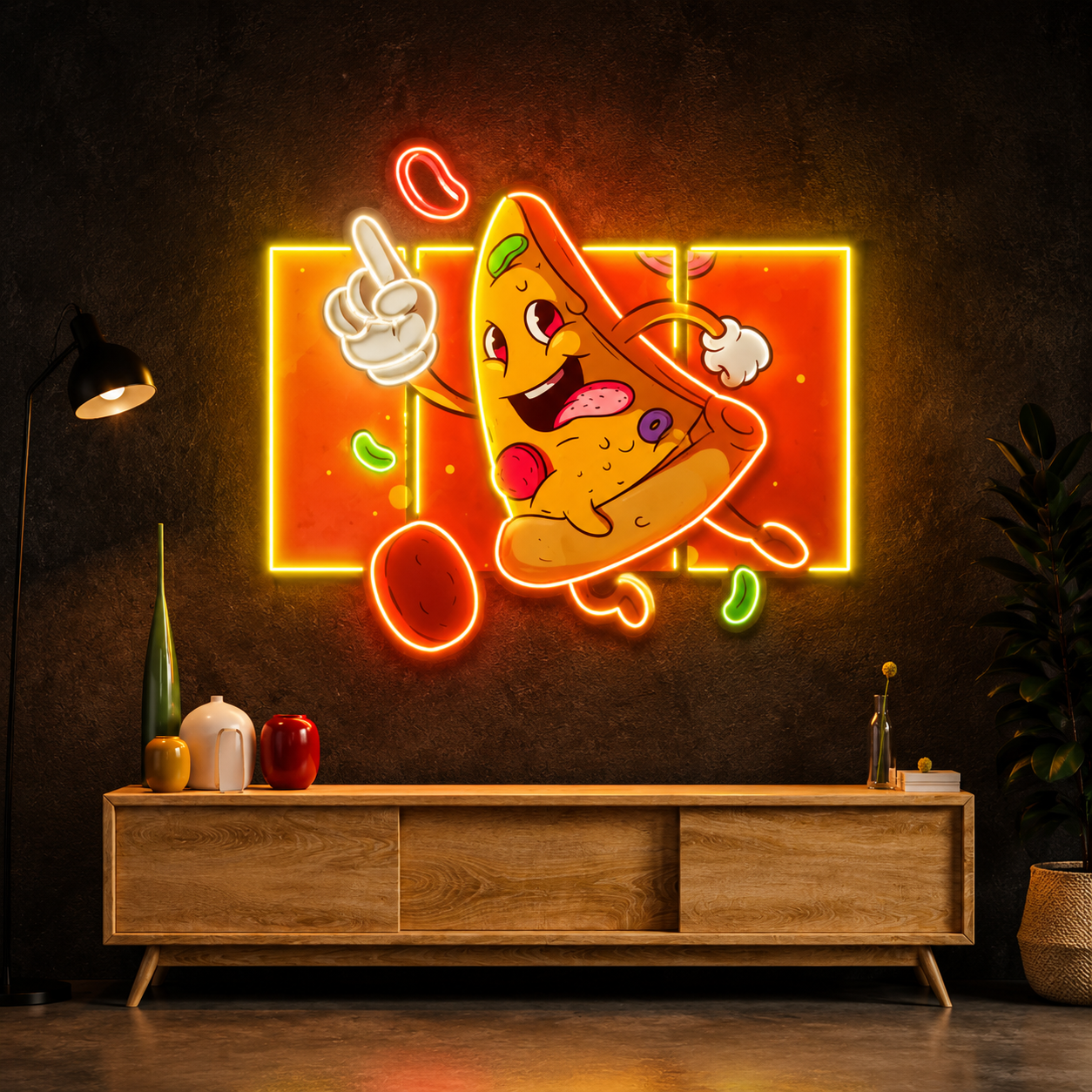 Dancing Pizza Character Neon Wall Art