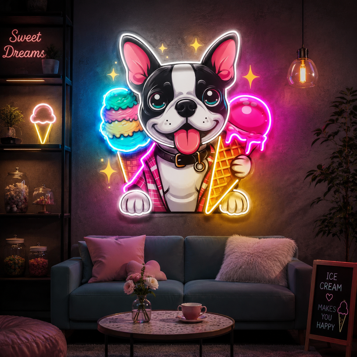 French Bulldog With Ice Cream Neon Sign