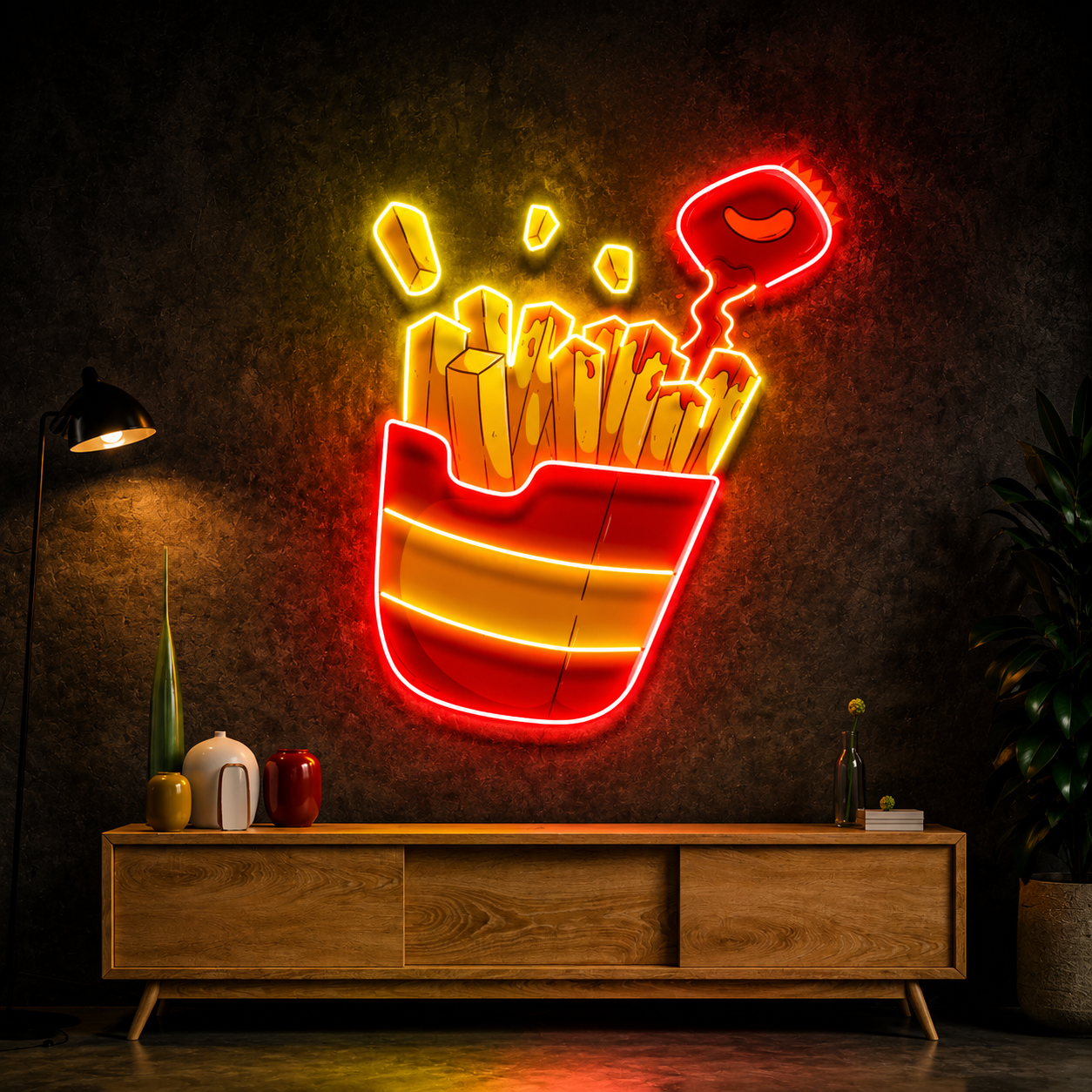 French Fries With Ketchup UV Print Neon Wall Art