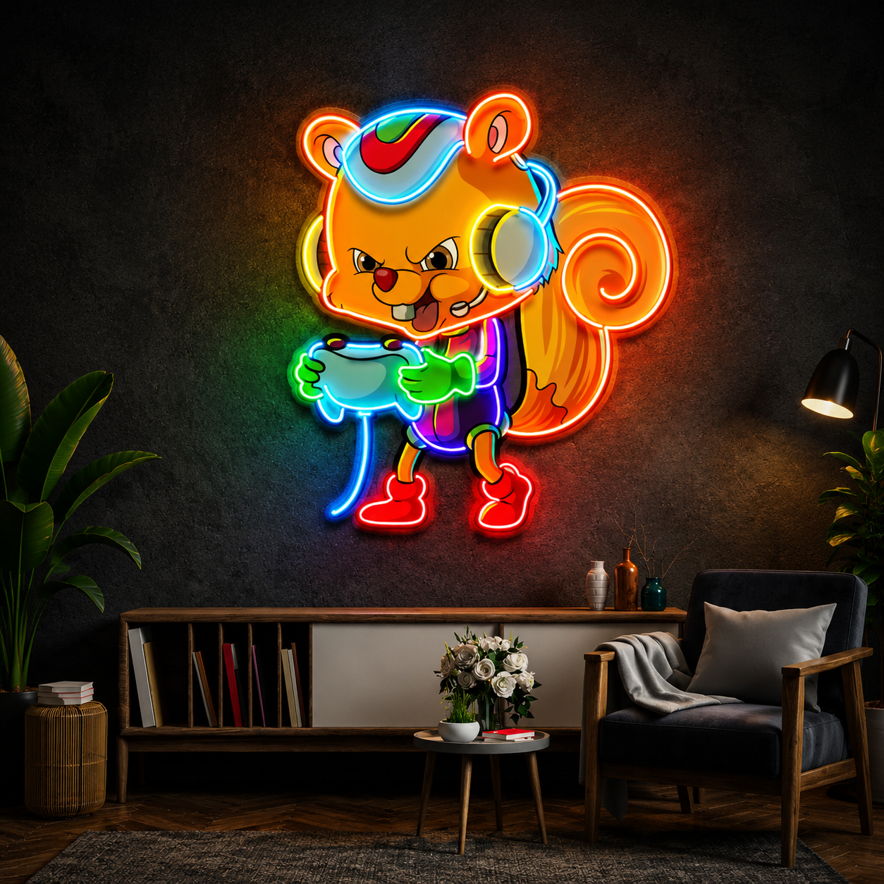 Gaming Squirrel Cartoon Neon Sign