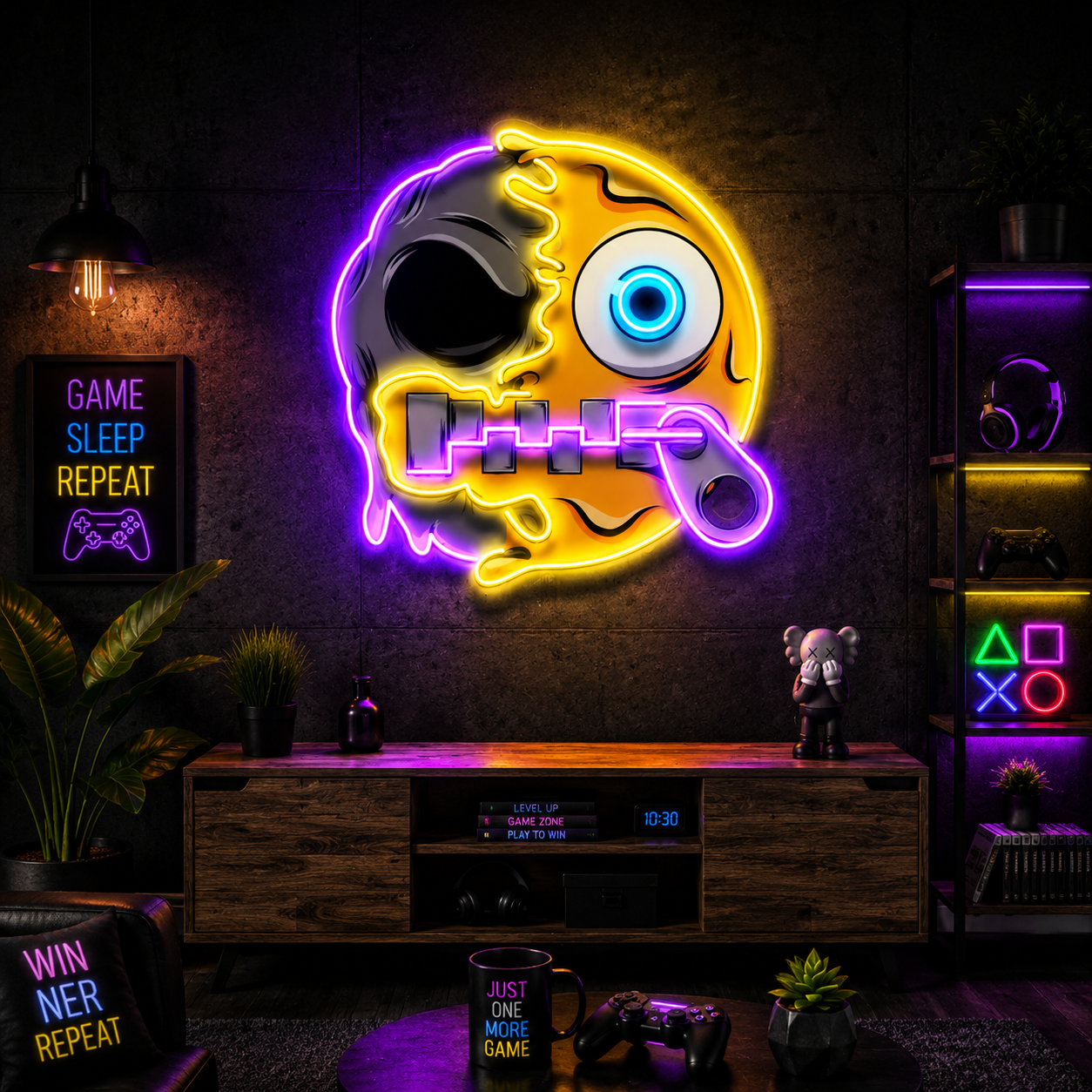 Half Skull Gamer Smiley Neon Sign