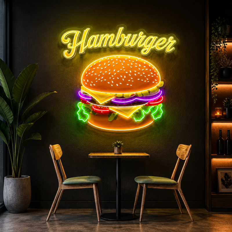 Hamburger LED Neon Sign – Colorful Burger Wall Decor for Restaurants & Kitchens