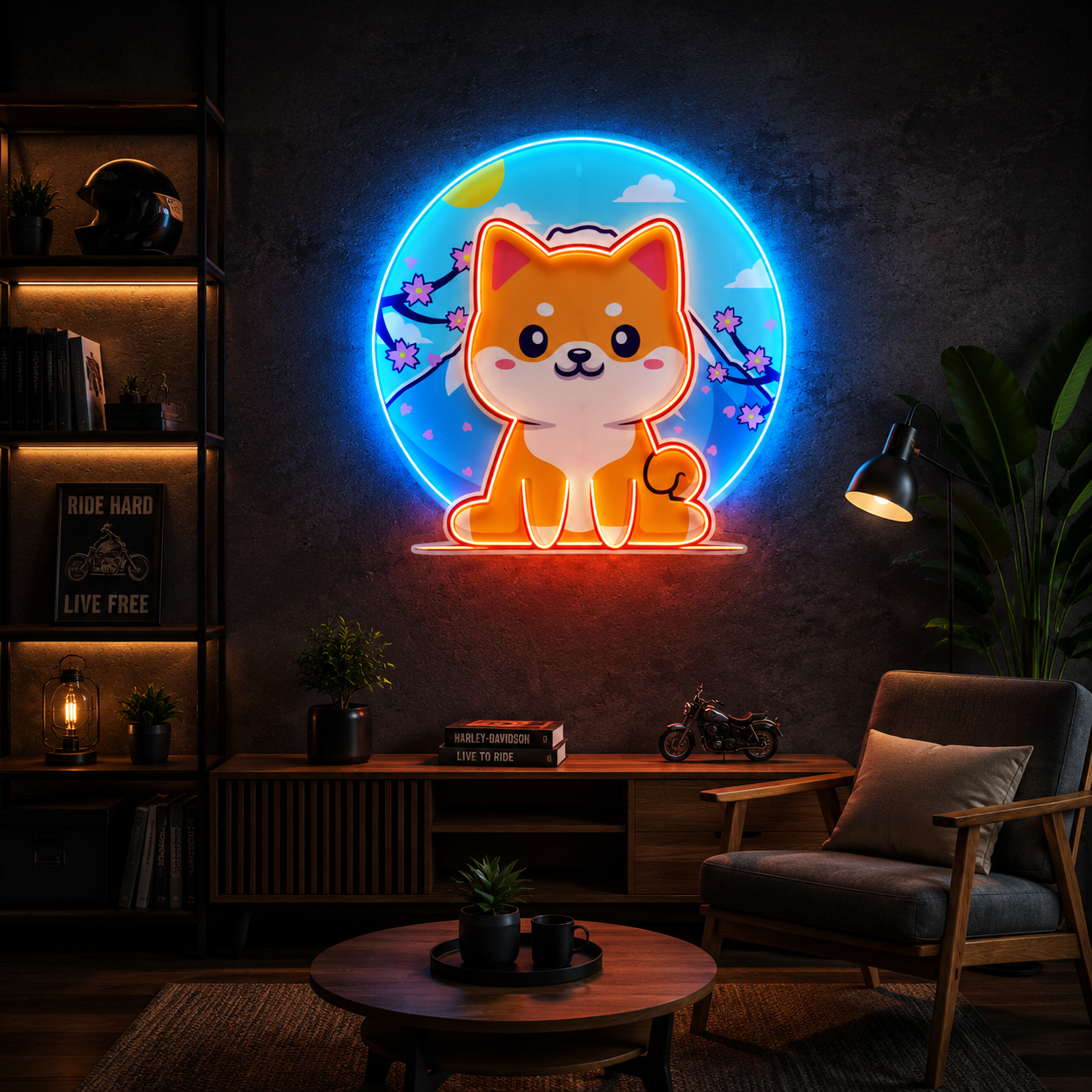 Japanese Style Cherry Blossom Shiba Neon Art