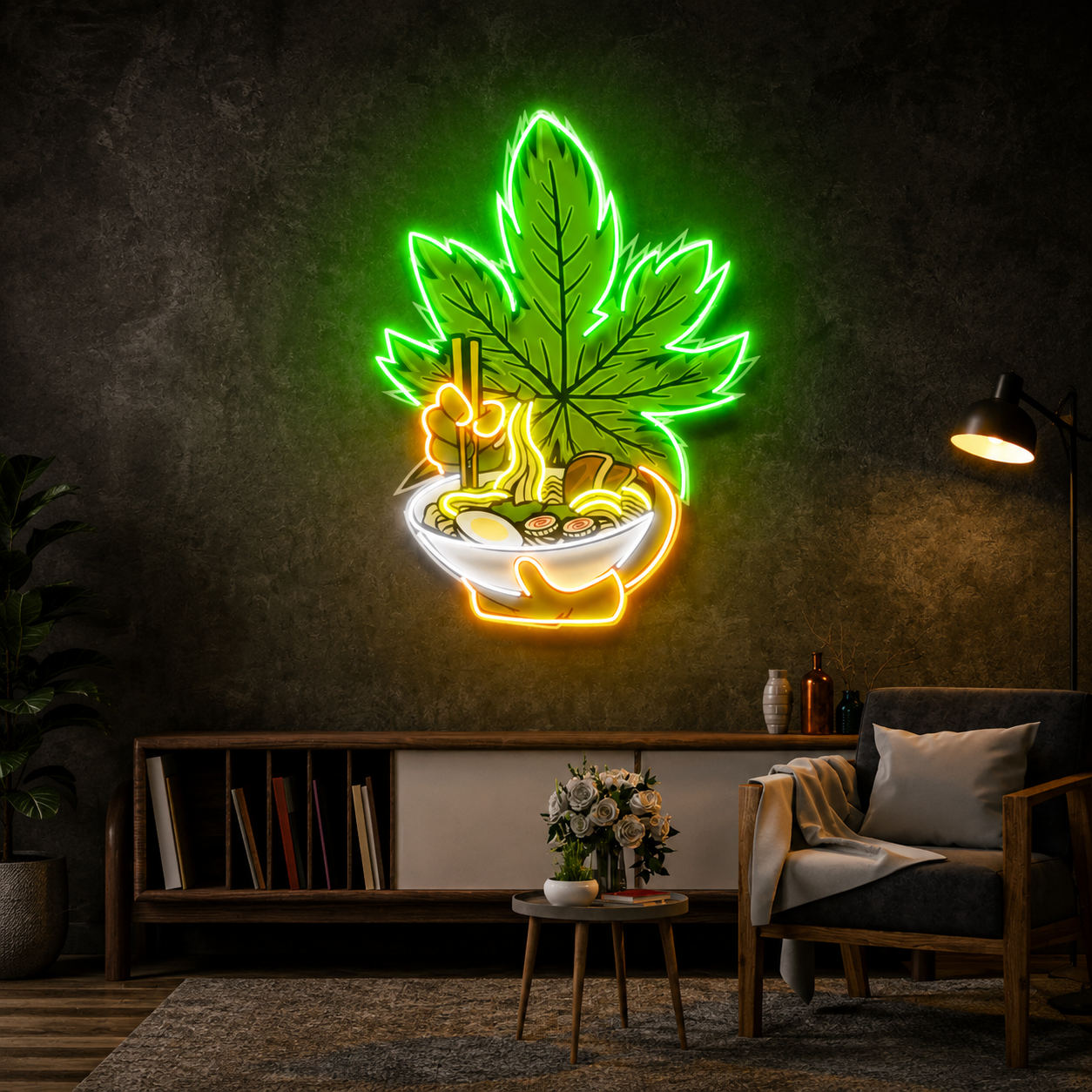 Leafy Ramen Bowl UV Print Neon Wall Art