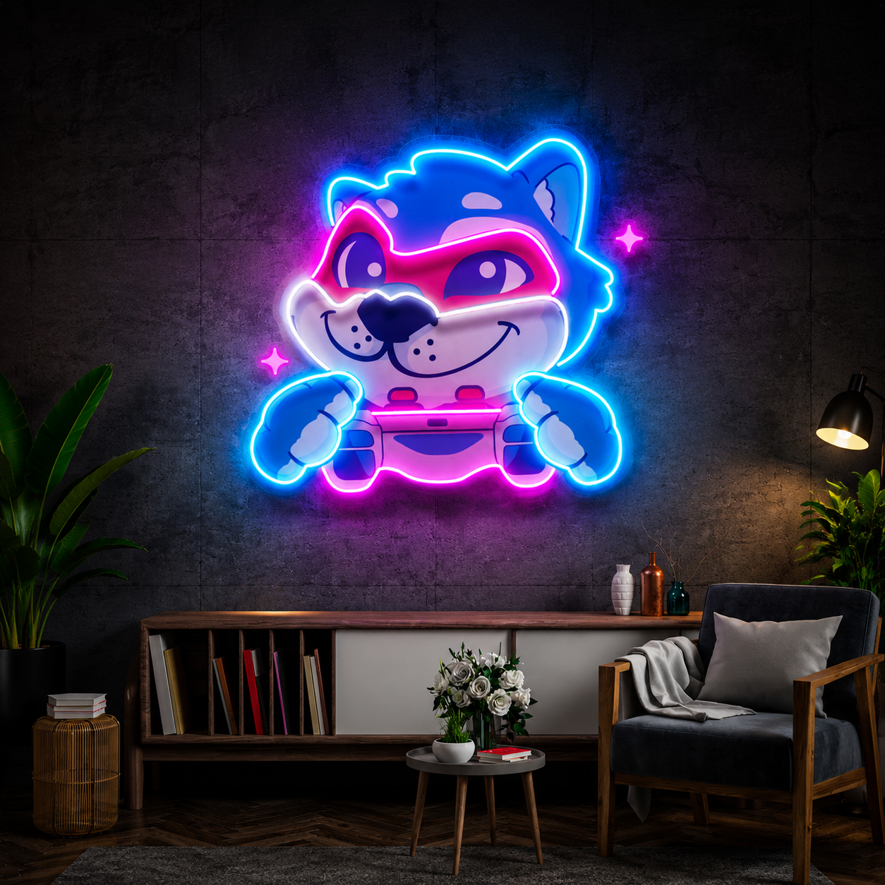 Masked Husky Gamer Neon Sign