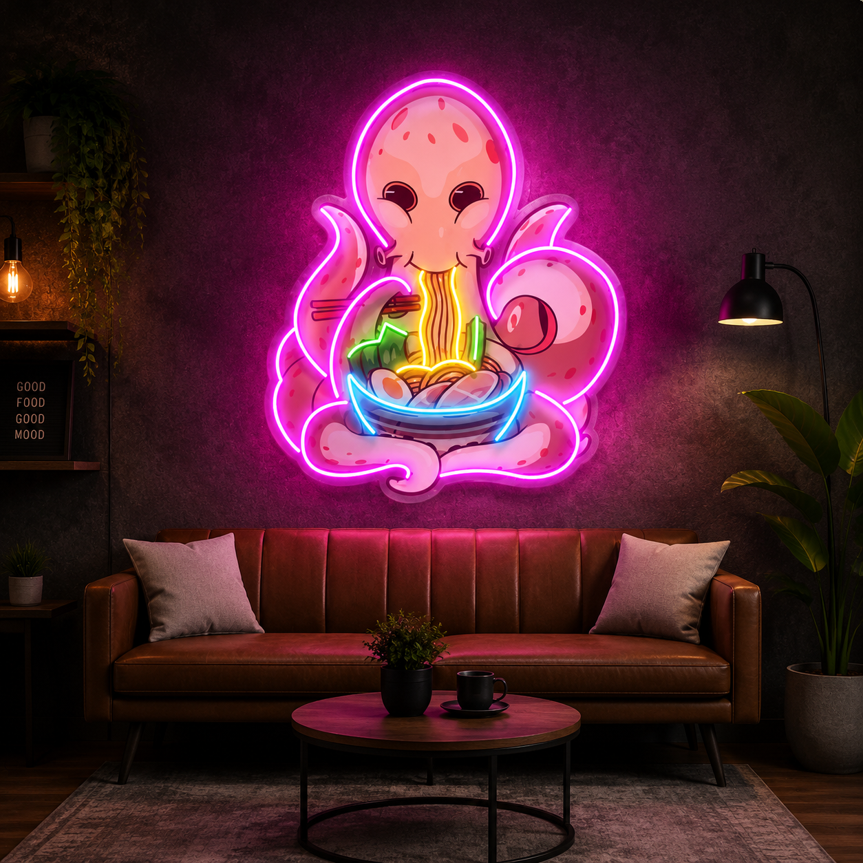 Octopus Eating Ramen Neon Wall Art