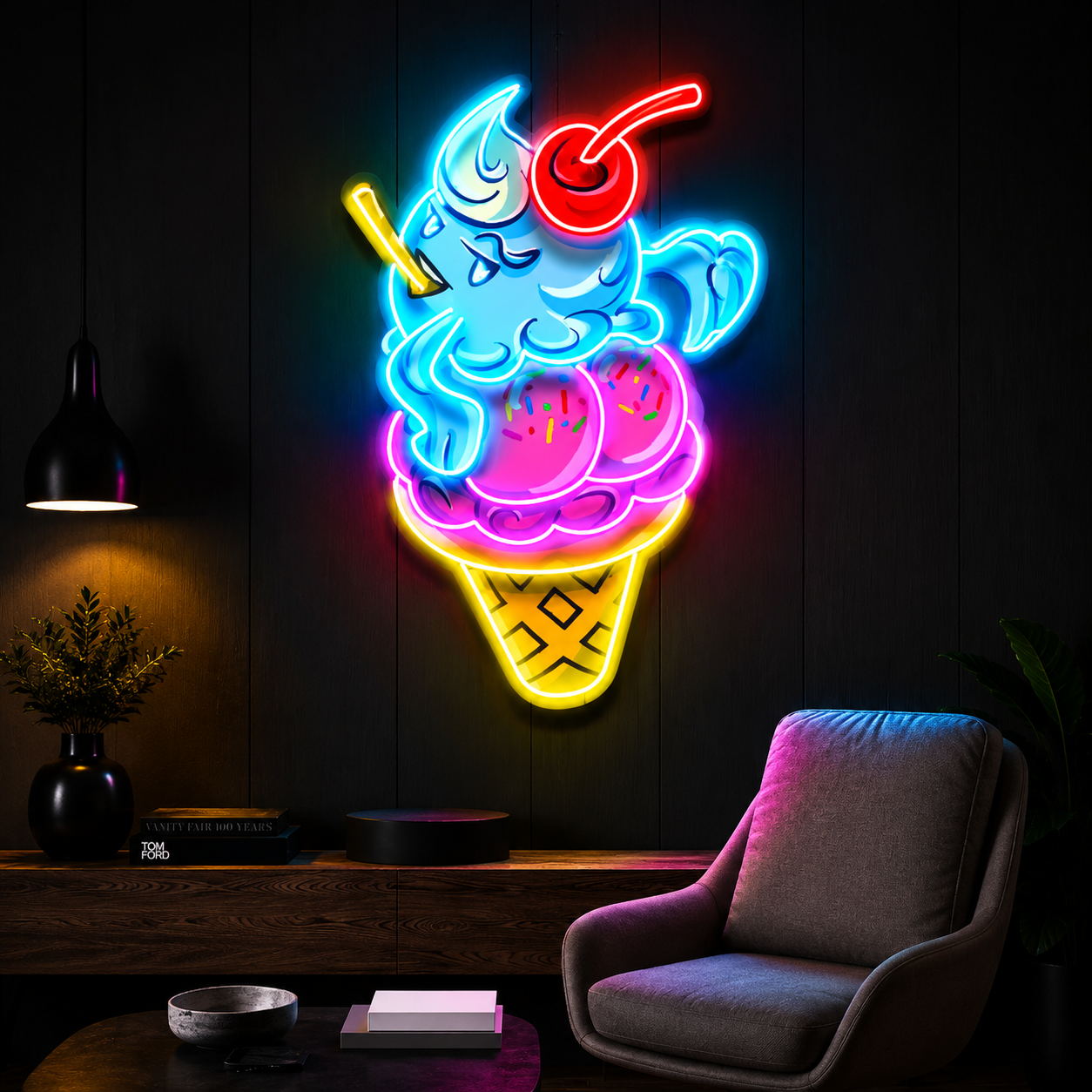 Octopus Ice Cream Cone UV Print Neon Wall Art