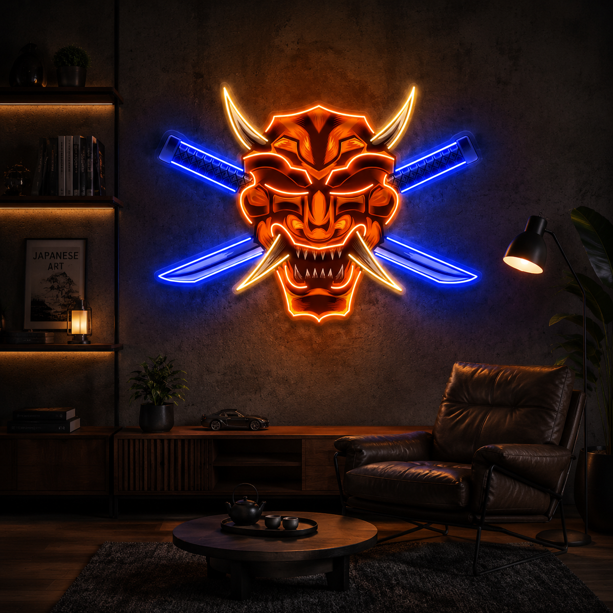 Oni Mask Cross Katana Neon Sign