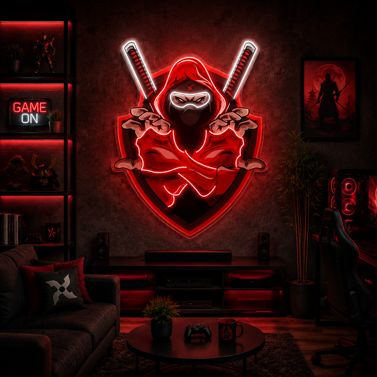 Red Hooded Ninja Dual Katana Neon Sign