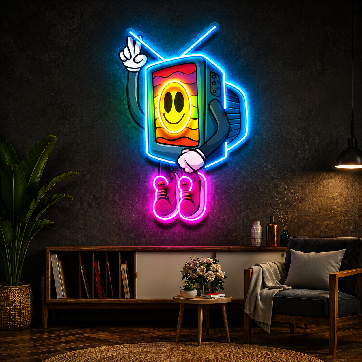 Retro TV Smiley Character Neon Sign