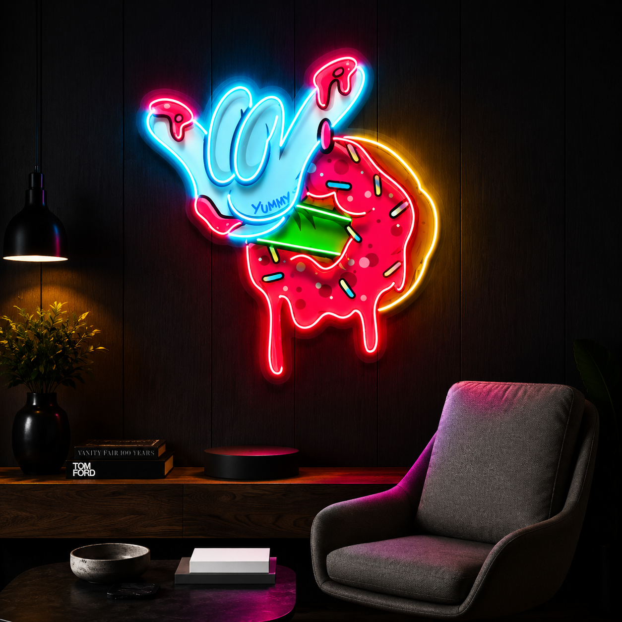 Rock Hand Donut UV Print Neon Wall Art