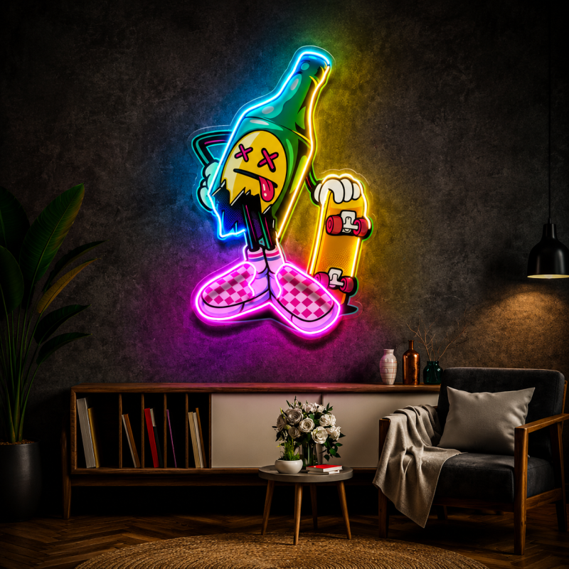 Skateboard Beer Bottle Character Neon Sign