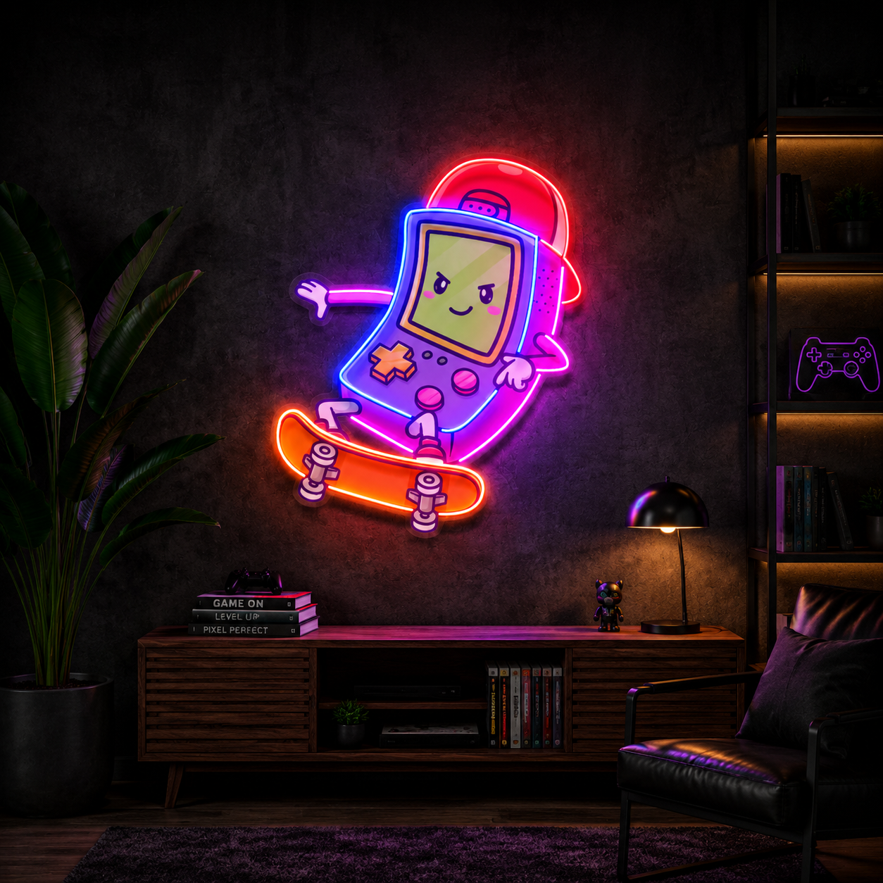Skateboarding Game Boy Cartoon Neon Sign
