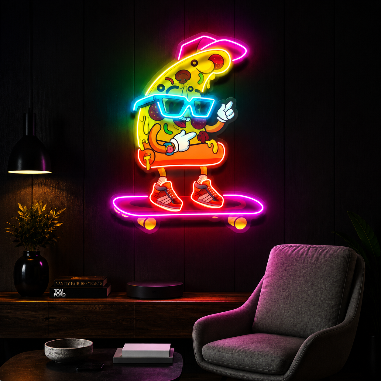 Skateboarding Pizza Slice UV Print Neon Wall Art