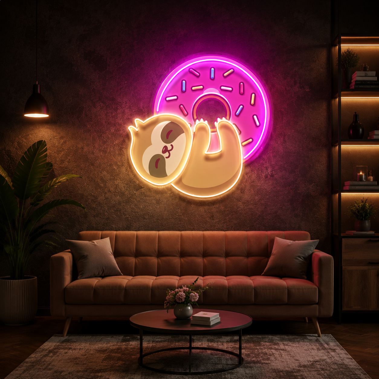 Sloth With Donut UV Print Neon Wall Art