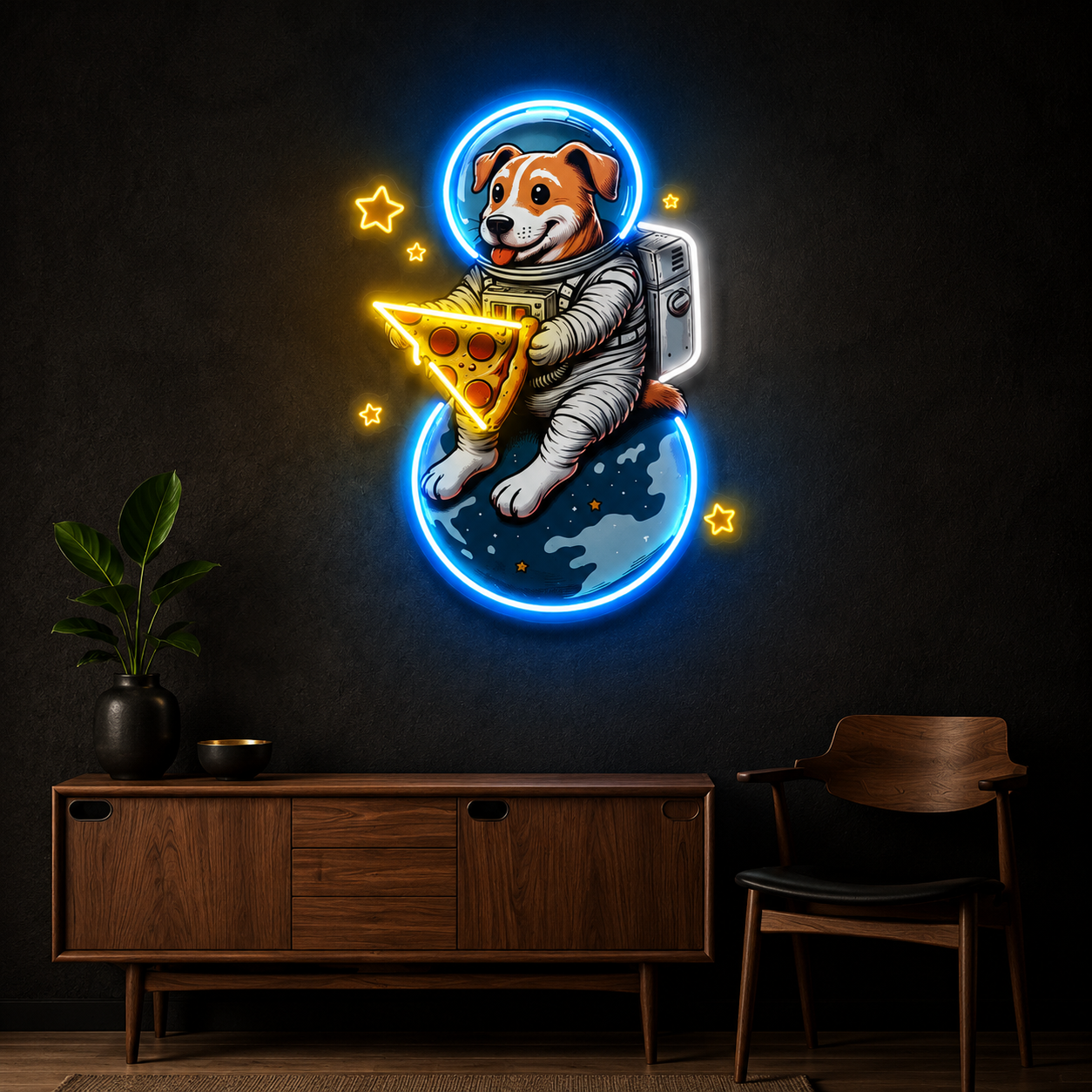 Space Jack Russell Astronaut Pizza Neon Sign